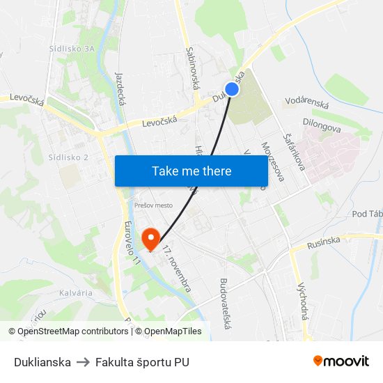 Duklianska to Fakulta športu PU map