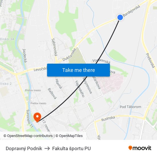 Dopravný Podnik to Fakulta športu PU map