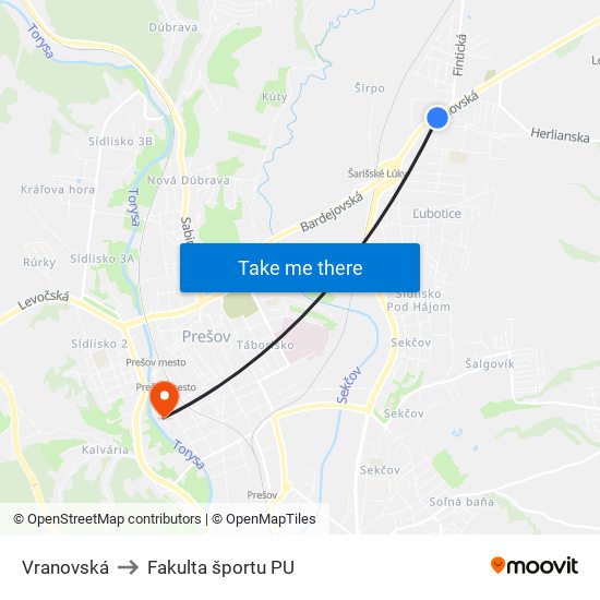 Vranovská to Fakulta športu PU map