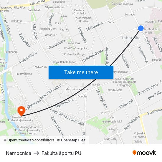 Nemocnica to Fakulta športu PU map