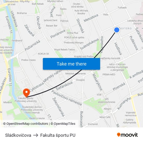 Sládkovičova to Fakulta športu PU map