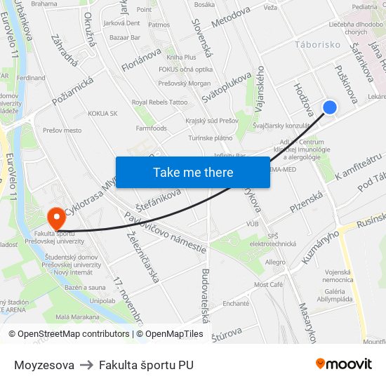 Moyzesova to Fakulta športu PU map