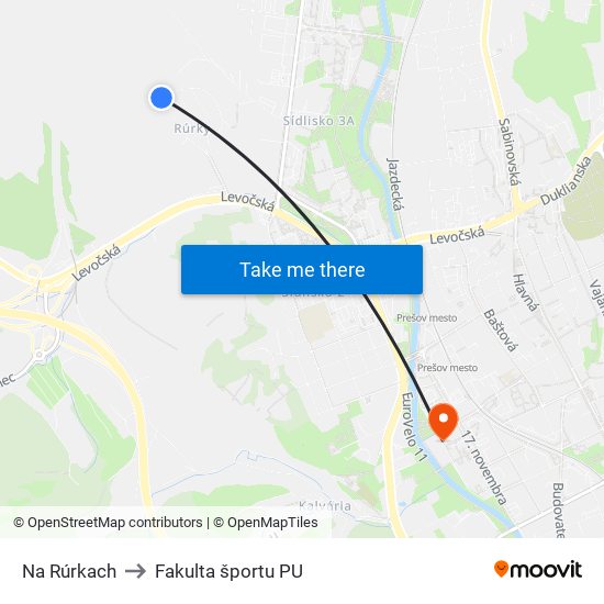 Na Rúrkach to Fakulta športu PU map