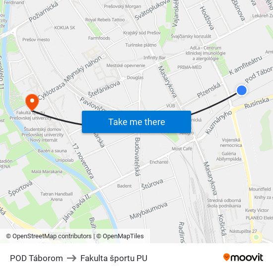 POD Táborom to Fakulta športu PU map