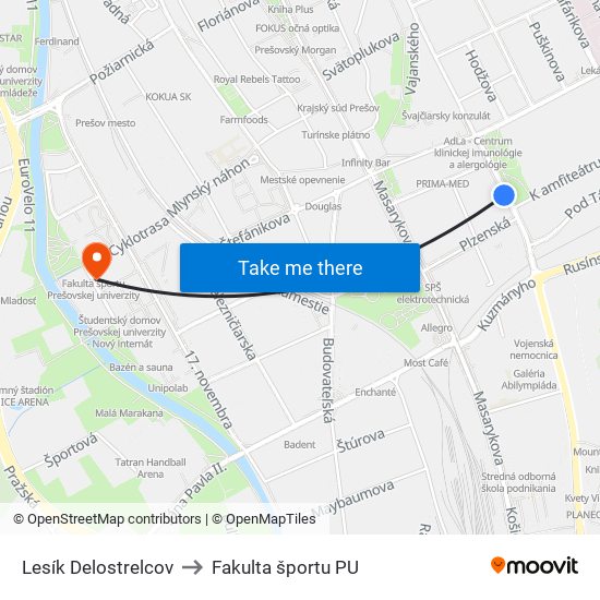 Lesík Delostrelcov to Fakulta športu PU map