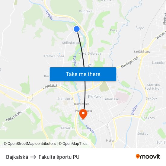 Bajkalská to Fakulta športu PU map