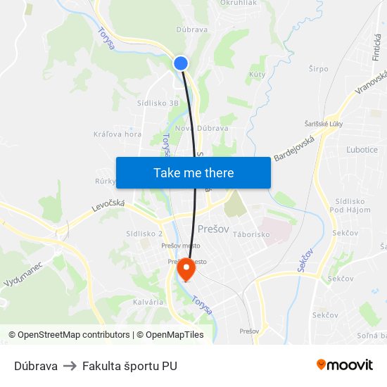 Dúbrava to Fakulta športu PU map