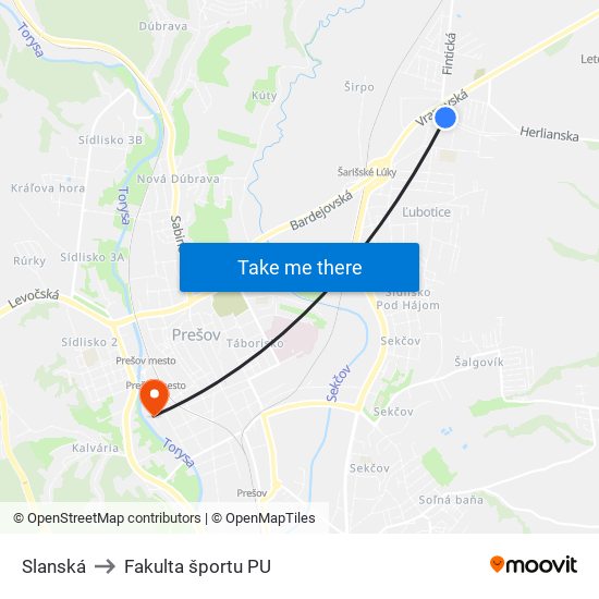 Slanská to Fakulta športu PU map