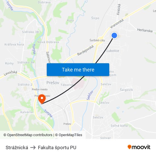 Strážnická to Fakulta športu PU map