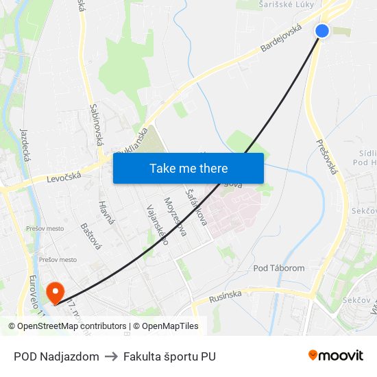 POD Nadjazdom to Fakulta športu PU map