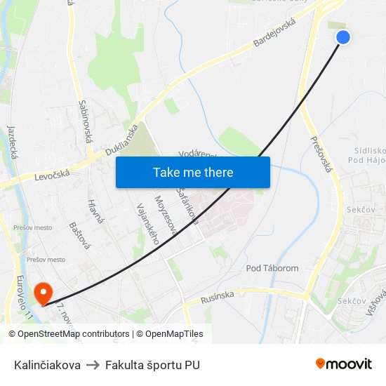 Kalinčiakova to Fakulta športu PU map