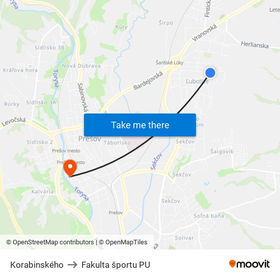 Korabinského to Fakulta športu PU map