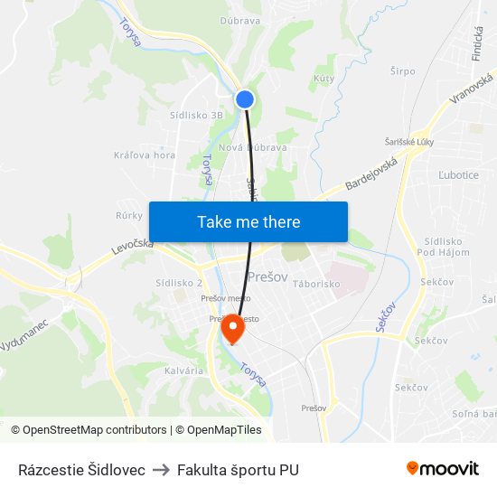 Rázcestie Šidlovec to Fakulta športu PU map