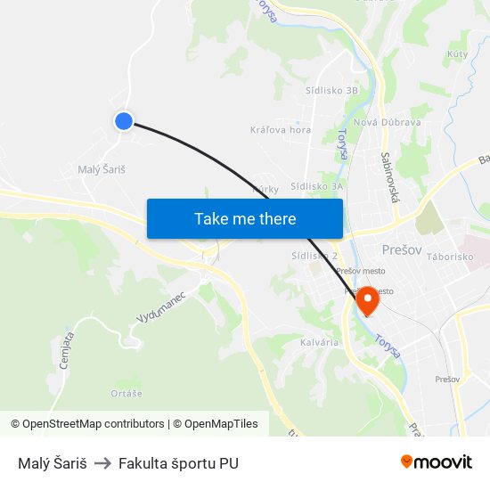 Malý Šariš to Fakulta športu PU map