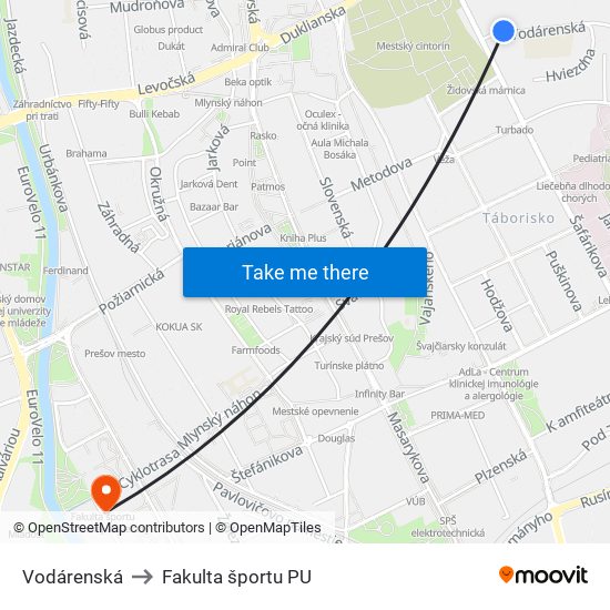 Vodárenská to Fakulta športu PU map