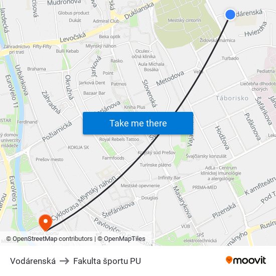 Vodárenská to Fakulta športu PU map