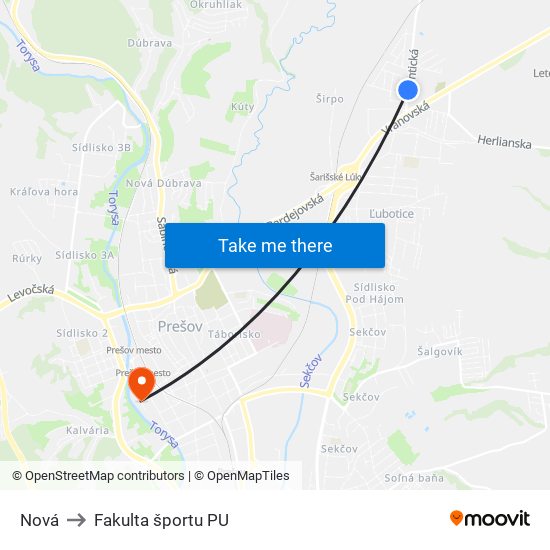 Nová to Fakulta športu PU map