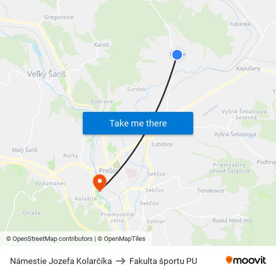 Námestie Jozefa Kolarčíka to Fakulta športu PU map