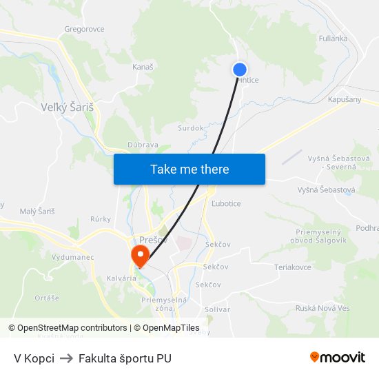 V Kopci to Fakulta športu PU map