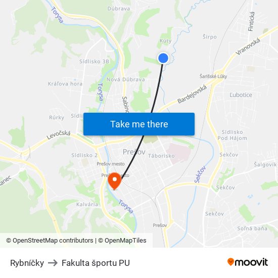 Rybníčky to Fakulta športu PU map