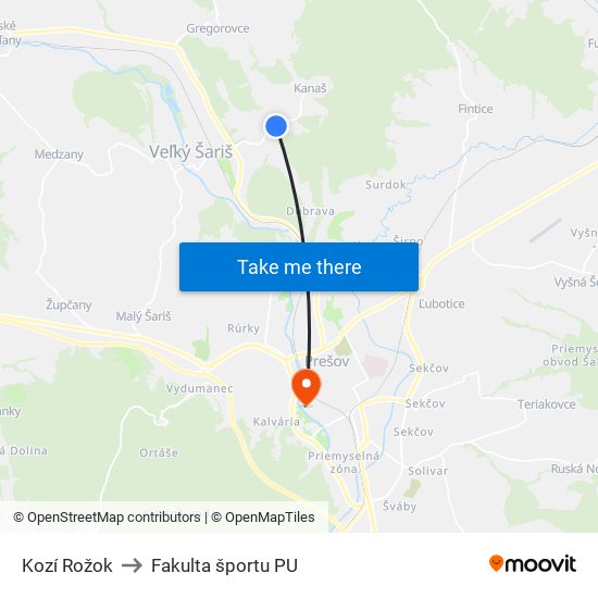 Kozí Rožok to Fakulta športu PU map