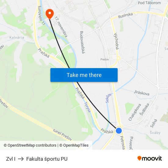 Zvl I to Fakulta športu PU map