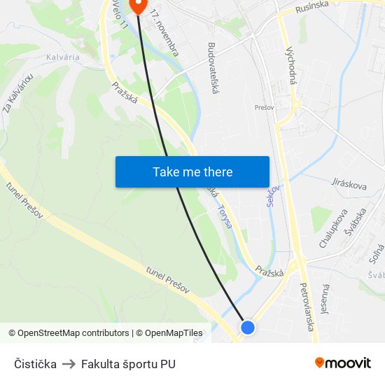 Čistička to Fakulta športu PU map