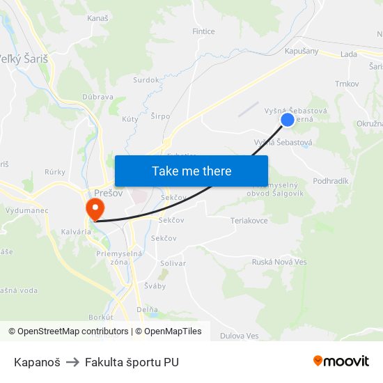 Kapanoš to Fakulta športu PU map