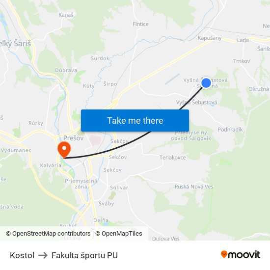 Kostol to Fakulta športu PU map