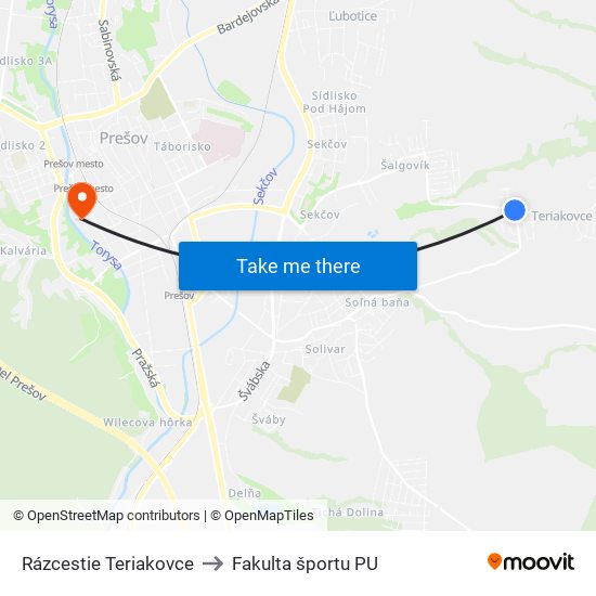 Rázcestie Teriakovce to Fakulta športu PU map