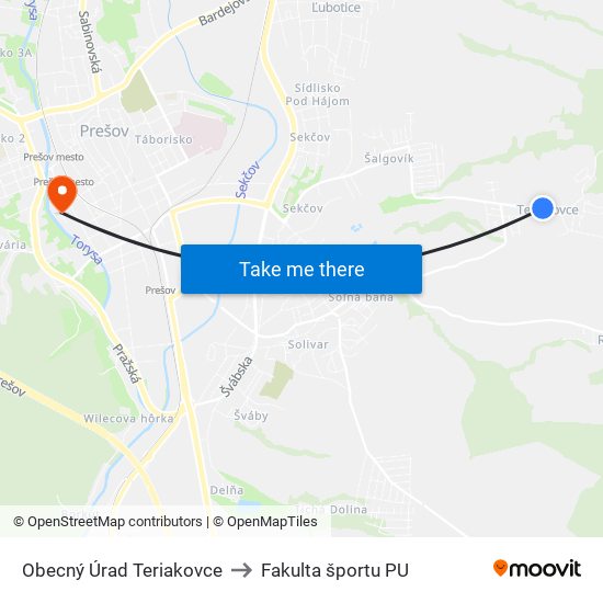Obecný Úrad Teriakovce to Fakulta športu PU map