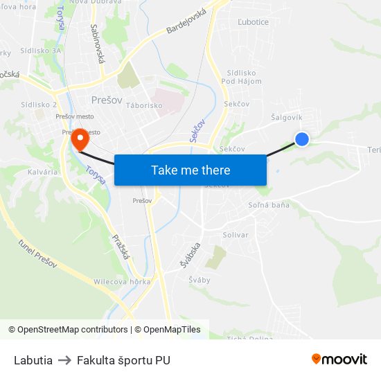 Labutia to Fakulta športu PU map