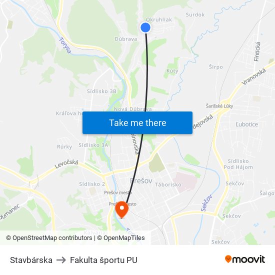 Stavbárska to Fakulta športu PU map