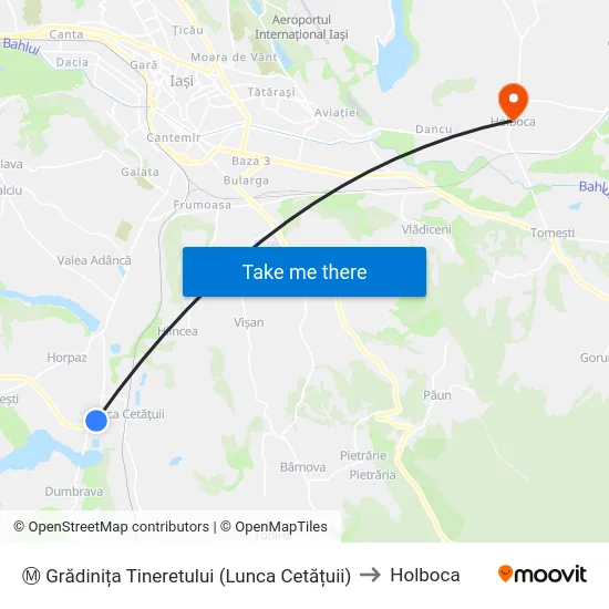 Ⓜ Grădinița Tineretului (Lunca Cetățuii) to Holboca map