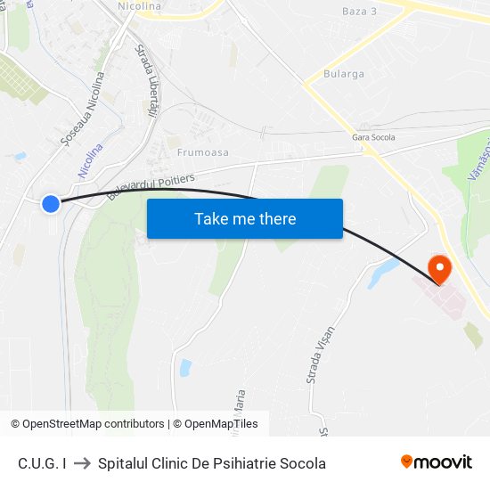 C.U.G. I to Spitalul Clinic De Psihiatrie Socola map