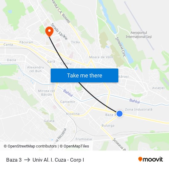 Baza 3 to Univ Al. I. Cuza - Corp I map