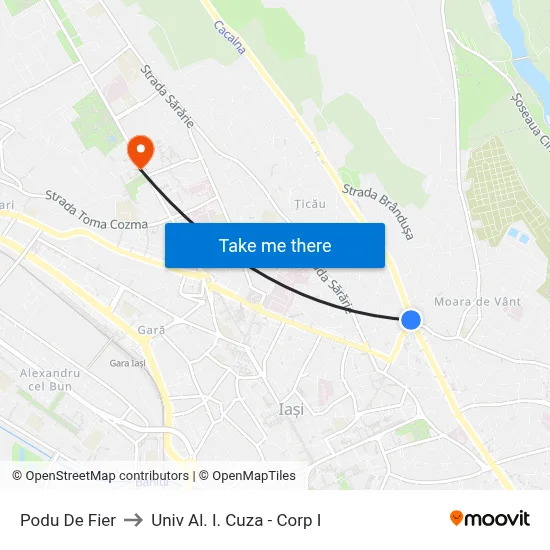 Podu De Fier to Univ Al. I. Cuza - Corp I map