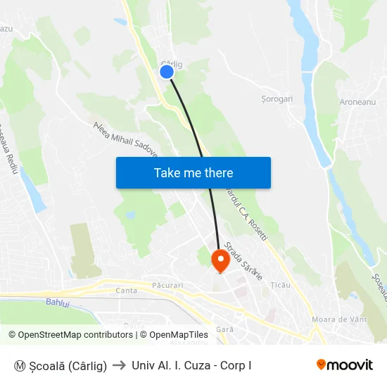 Ⓜ Școală (Cârlig) to Univ Al. I. Cuza - Corp I map