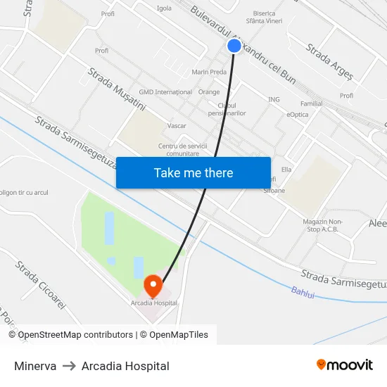 Minerva to Arcadia Hospital map