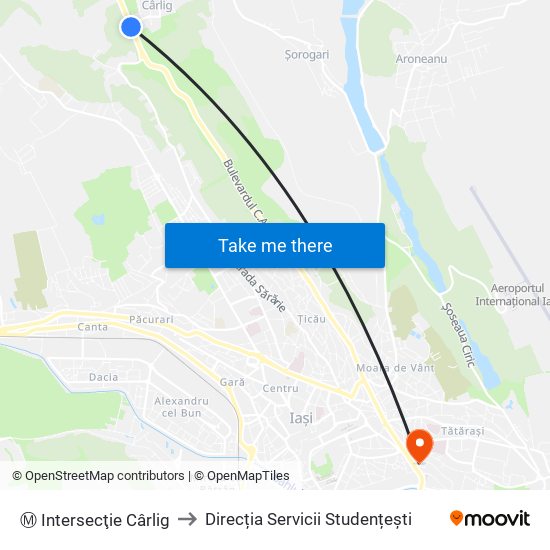 Ⓜ Intersecţie Cârlig to Direcția Servicii Studențești map