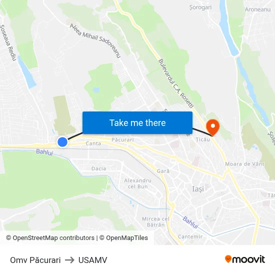 Omv Păcurari to USAMV map