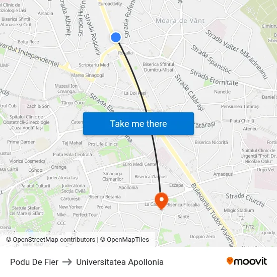 Podu De Fier to Universitatea Apollonia map