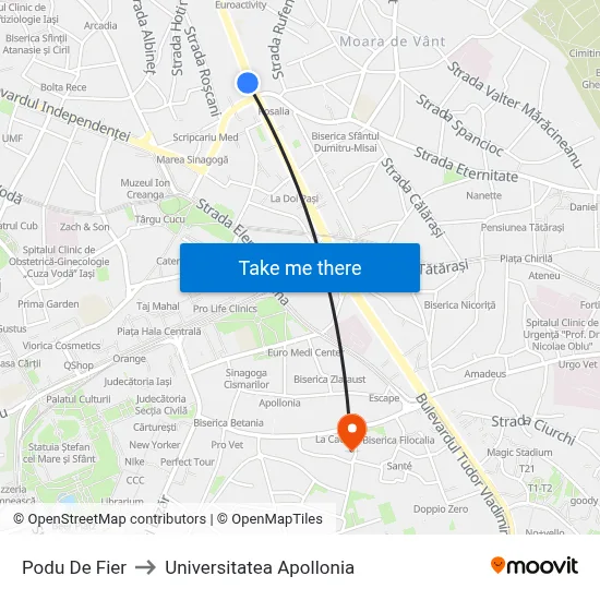Podu De Fier to Universitatea Apollonia map