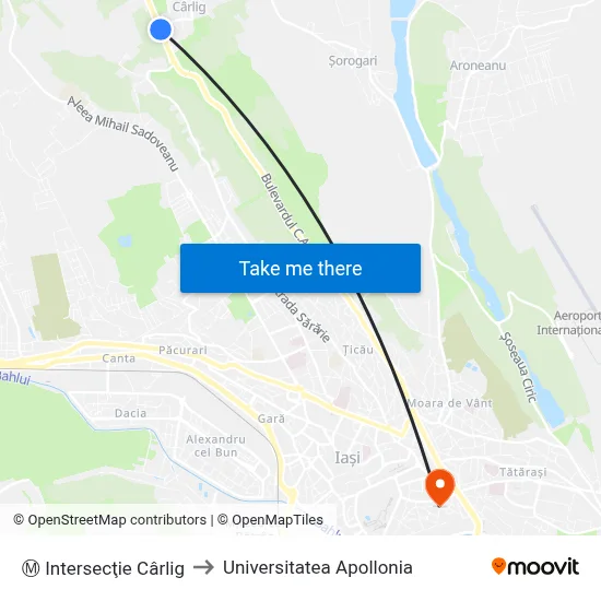 Ⓜ Intersecţie Cârlig to Universitatea Apollonia map
