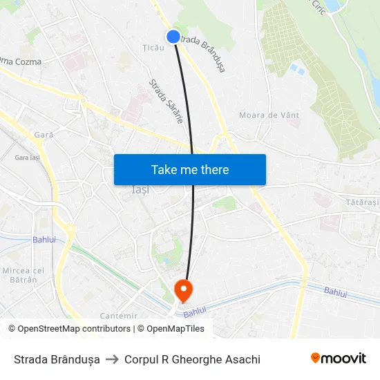 Strada Brândușa to Corpul R  Gheorghe Asachi map