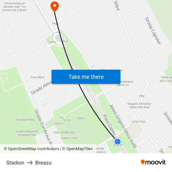 Stadion to Breazu map