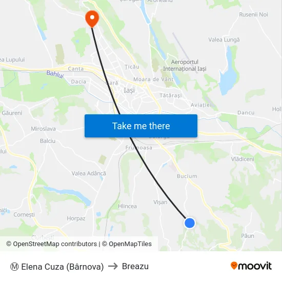 Ⓜ Elena Cuza (Bârnova) to Breazu map