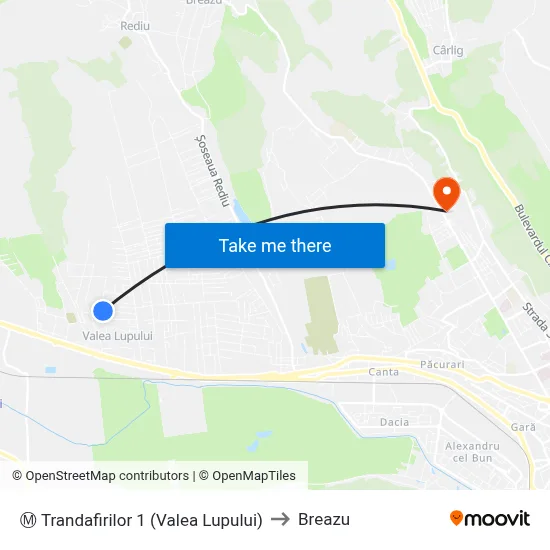 Ⓜ Trandafirilor 1 (Valea Lupului) to Breazu map