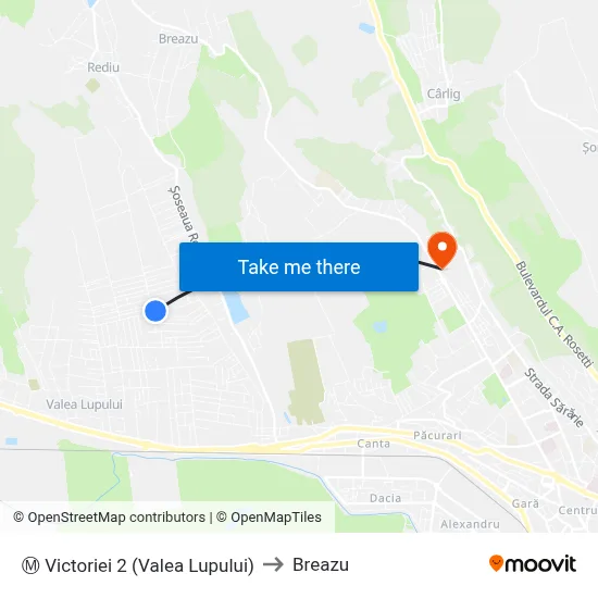 Ⓜ Victoriei 2 (Valea Lupului) to Breazu map