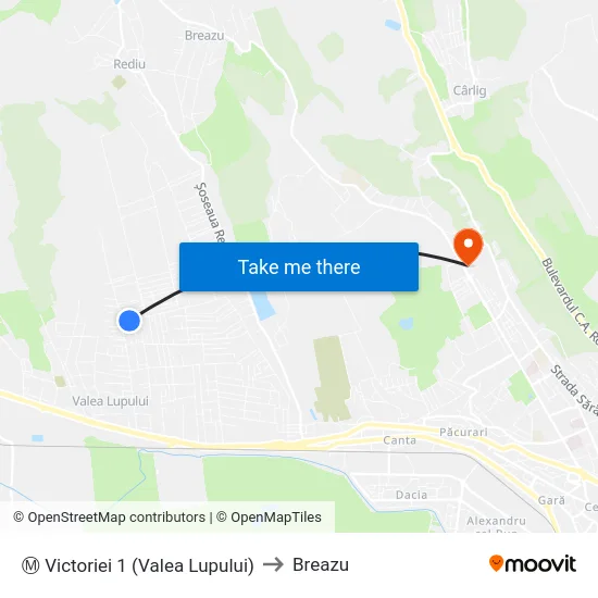 Ⓜ Victoriei 1 (Valea Lupului) to Breazu map